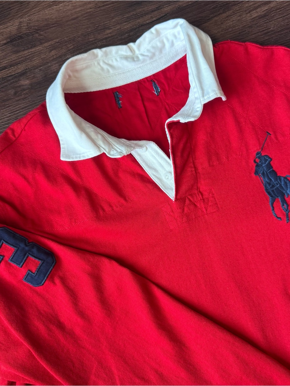 Polo Ralph Lauren Rugby Shirt Mens 2XL Red Big Pony Long Sleeve Varsity 3 Patch